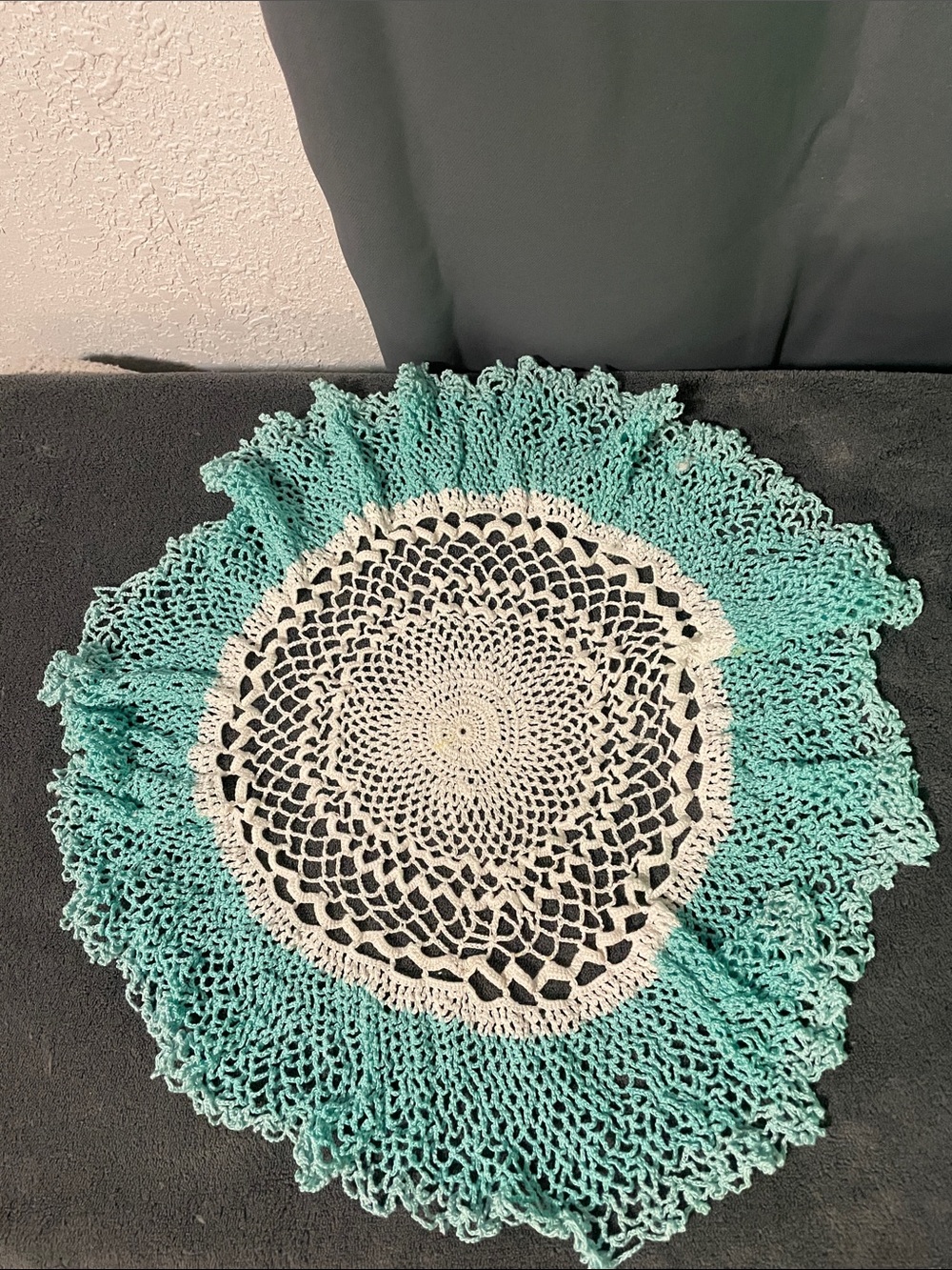 Handmade Crochet Round Doily in Aqua and White